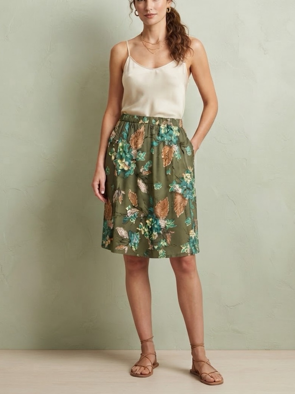 Serengeti Olive Floral A-Line Skirt with Teal and Tan Accents